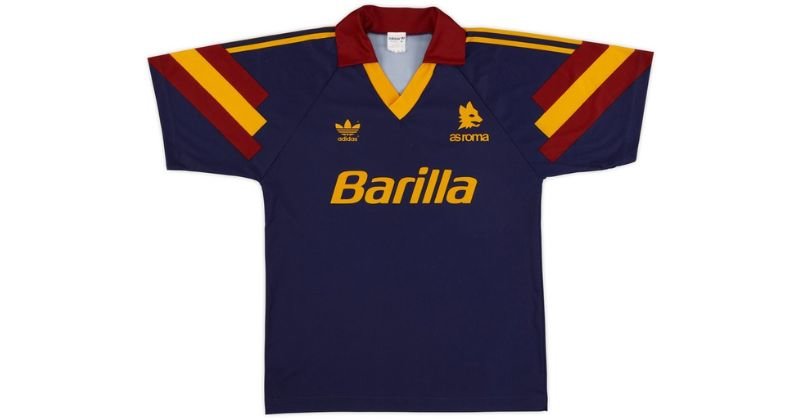 roma 1991-92 third shirt in navy blue with orange and maroon stripes on sleeves